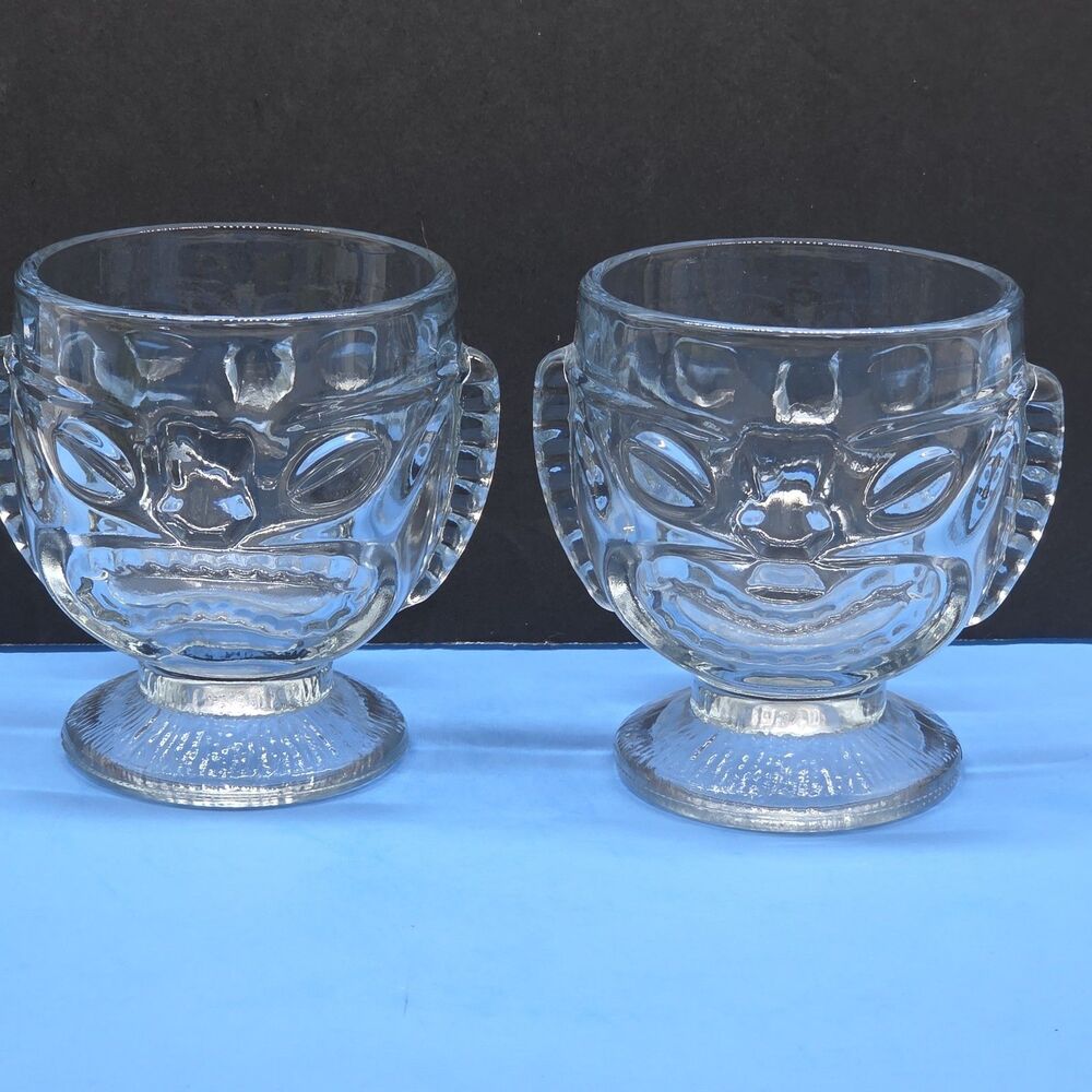 Tiki Glasses Set Of 2 Clear 4 1/2"  Happy Face Sad Face Pedestal Glasses